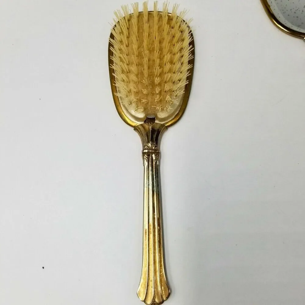 Vintage 40s Matson Vanity Dresser Hand Mirror Gold Comb Brush Hollywood Regency